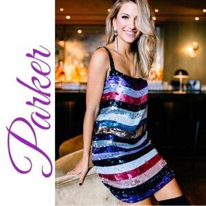 NWT PARKER Nora Metallic Sequined Striped Glam Party Dress, Size Medium